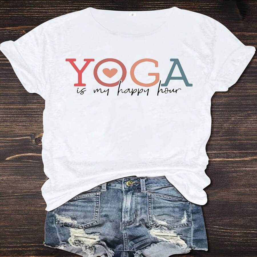 Casual Women's Cotton Short Sleeve Round Neck T-Shirt with Yoga Graphic Print - Blanco - Ver 1