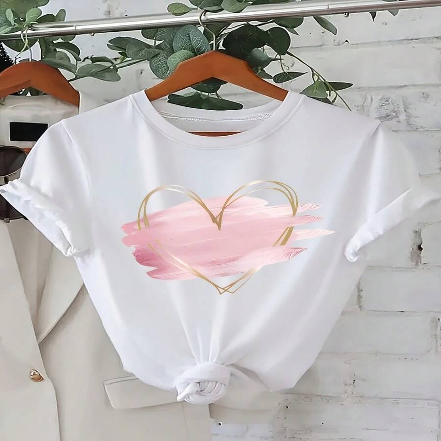 Women's Cute Pink Brush Stroke Heart Print White Cotton T-Shirt, Short Sleeve Round Neck Regular Fit Top for Casual Spring Outfits - Blanco - Ver 1
