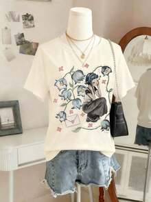 Vintage Women's Floral & Cartoon Character Print Round Neck Short Sleeve Casual T-Shirt. Fashionable Round Neck Cotton 100% Soft Fabric Short Sleeve Breathable And Cool - 杏色 - 查看 6