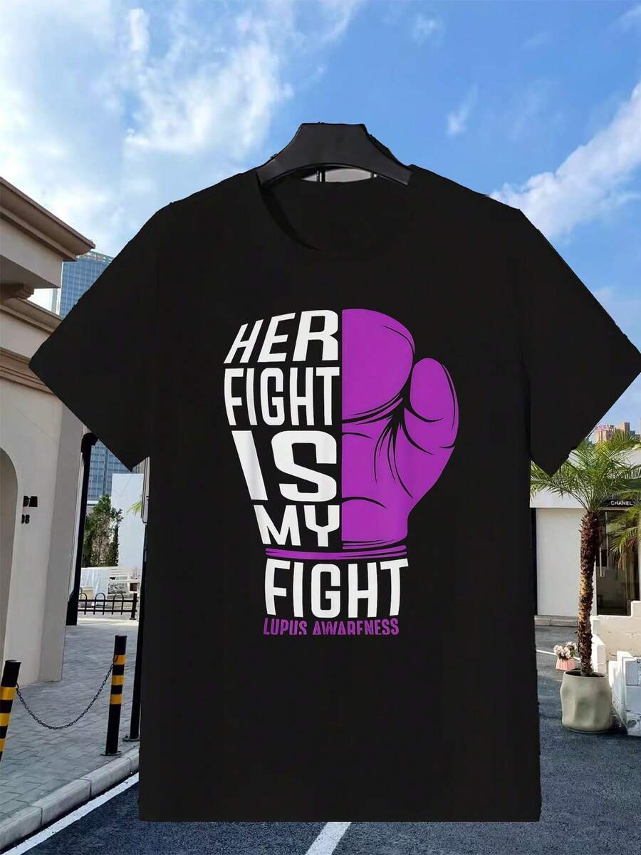 Camiseta morada de concientización sobre el lupus para mujeres| Su lucha es mi lucha, diseño de guantes de boxeo, casual, suave y cómodo, lavable a máquina, ideal para atuendos informales y como regalo único, para todas las estaciones, estilo vintage, cuello redondo, corte regular. - Negro - Ver 1