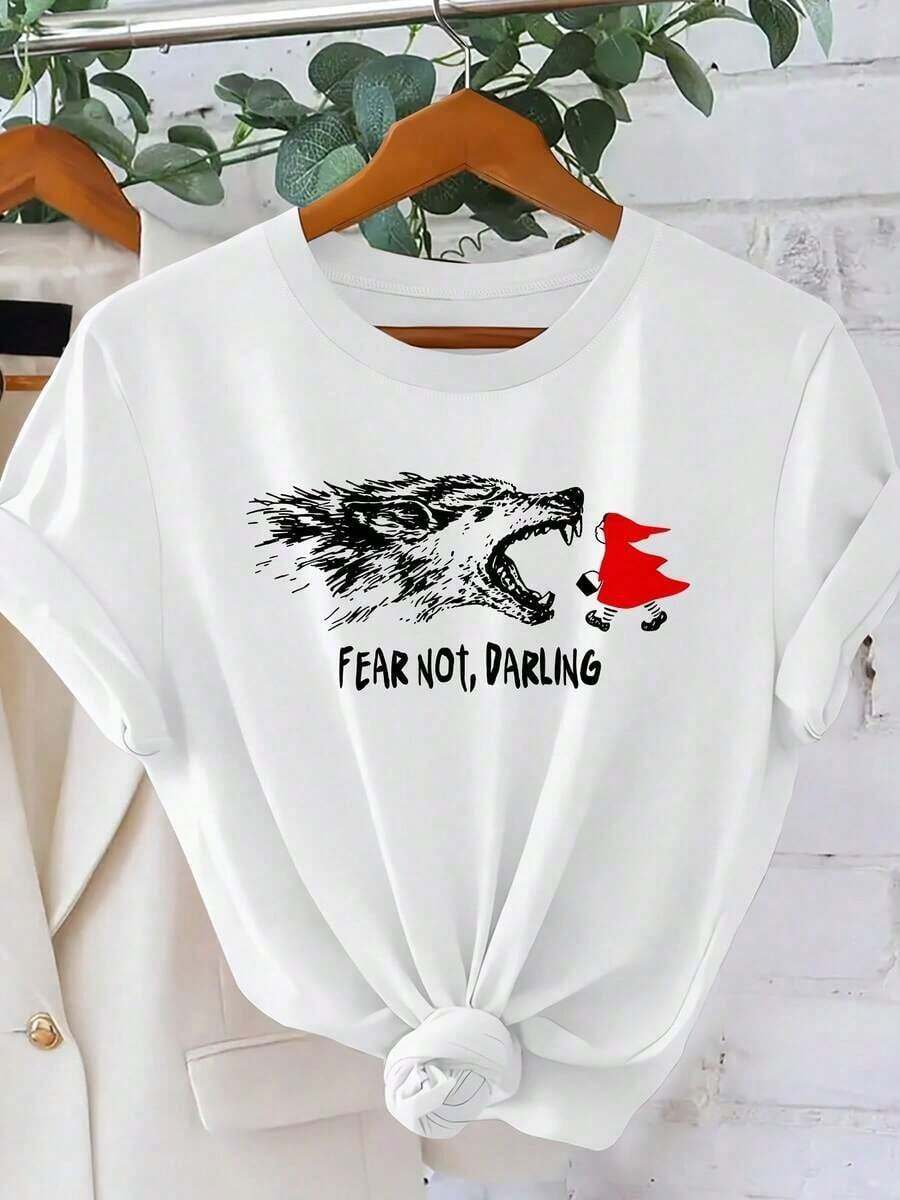 "¡No te asustes, cariño!" Camiseta de mujer con estampado de lobo y Caperucita Roja, Primavera/Verano 2026, estilo fresco y único, manga corta, top casual holgado, diseño reversible con temática de cuento, diseño versátil y a la moda, ropa de mujer, oferta especial, ropa fresca de verano.