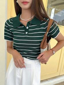 Blusa de punto de manga corta con cuello polo para mujer, de vestir informal - Verde - Ver 7