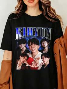 KIHYUN MONSTA X Kpops medlemst-shirt, vintage 90-tals porträttgrafikt-shirt, estetisk metalllogotyp idolfotomerchandise, MONBEBE Fandom Streetwear unisex svart bomullskortstopp, retro Kihyun Monsta X t-shirt - Svart - Visa 6