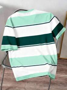 Camiseta casual minimalista de rayas azules para hombres, adecuada para la escuela, salidas, simple y versátil, estilo de verano - Azul - Ver 2
