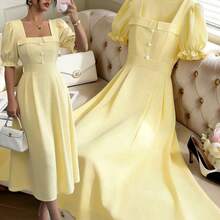 Women's Light Yellow Solid Color Square Neck Short Sleeve Pearl Button Decor Charming Elegant Everyday Vacation Commute Fashion Date French Street Retro Versatile Spring/Summer Light Yellow New Mid-Length Dress - Amarillo claro - Ver 8