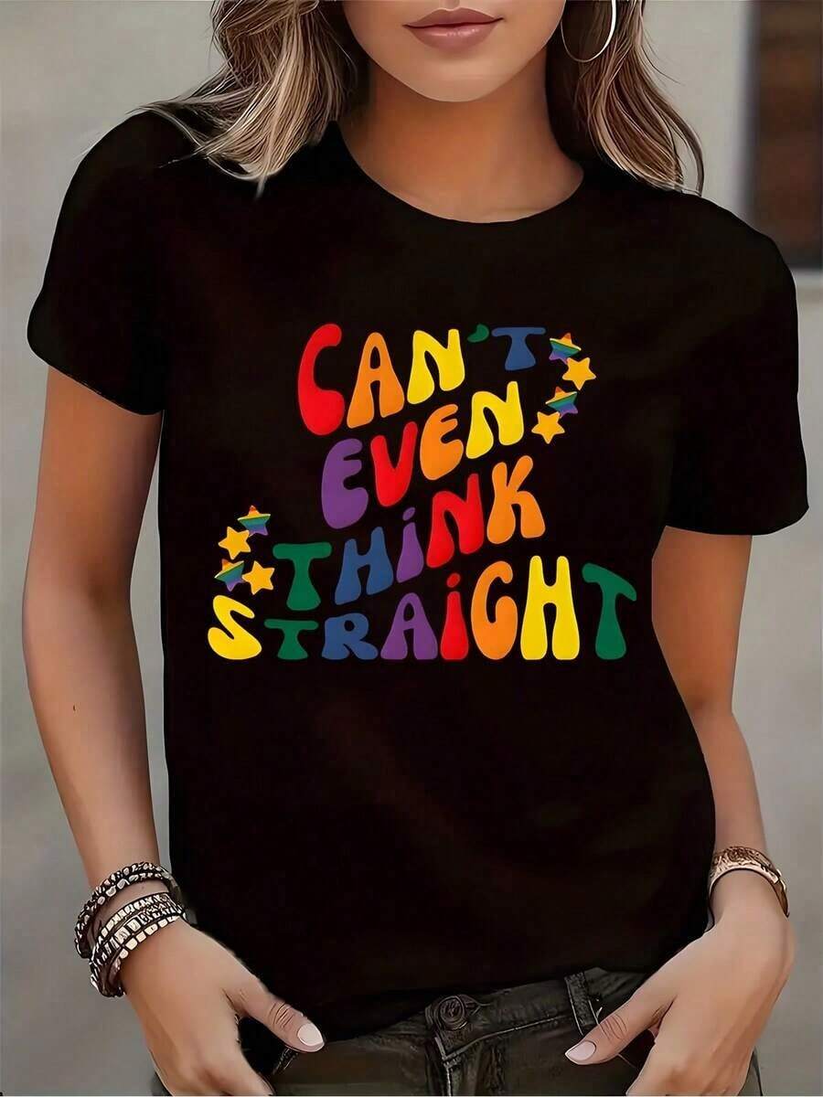 Camiseta de manga corta con cuello redondo y estampado de arcoíris para mujer, ideal para uso casual en festivales del orgullo, con tela cómoda, adecuada para regalar, 220g. - Negro - Ver 1
