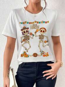 ofertas y liquidacionesPlayera Para Mujer,Día De Muertos, Esqueleto, Camiseta Gráfica, Regaloplayera de hombretops sudaderas para mujer Y2k Camiseta Camisa De - Blanco - Ver 9