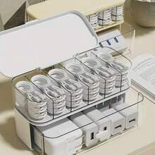 1pc Minimalist Style Cable Organizer Box Upper Layer With Multi-Grid Compartments Lower Layer With Large Storage Space Flip Lid Dustproof Design Cream White Border Cable Storage Dustproof & Dirt-Resistant Desk Organization Divided Storage - White - View 7