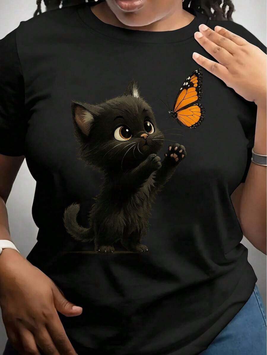 Limited Time Offer, Limited Quantities, Flash ! Women's Casual Short Sleeve T-Shirt With Adorable Kitten And Butterfly Print - Soft And Stretchy Fabric, Ideal For Spring-Summer Outfits, Fun Graphic Top, Stretch Fabric T-Shirt - 黑色 - 查看 1