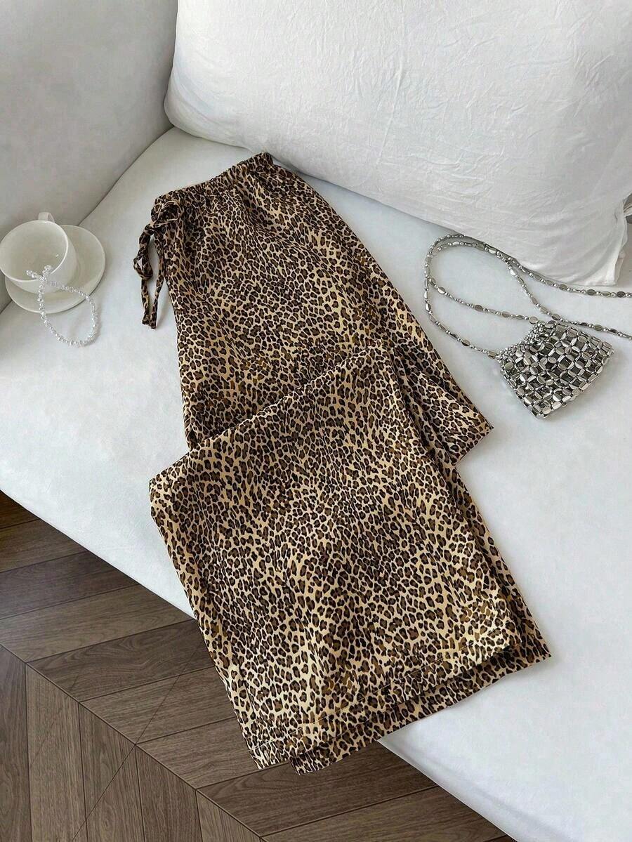 Pantalones anchos de pierna negros con diseño de estampado de leopardo retro elegante, pantalones rectos con cintura elástica con cordón, uso casual, vuelta al colegio - Marrón - Ver 1