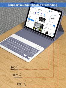 防震纯色材质翻盖保护套，带可拆卸无线蓝牙键盘，兼容配备150mAh电池的iPad，带Apple Pencil收纳槽，兼容iPad Air第五代（2022年）、第四代（2020年）、第六代（2024年，9.7英寸）和第七/八/九代（10.2英寸）。紫色/灰色可选，适合复活节或春季礼物。 - 紫灰色 - 查看 8