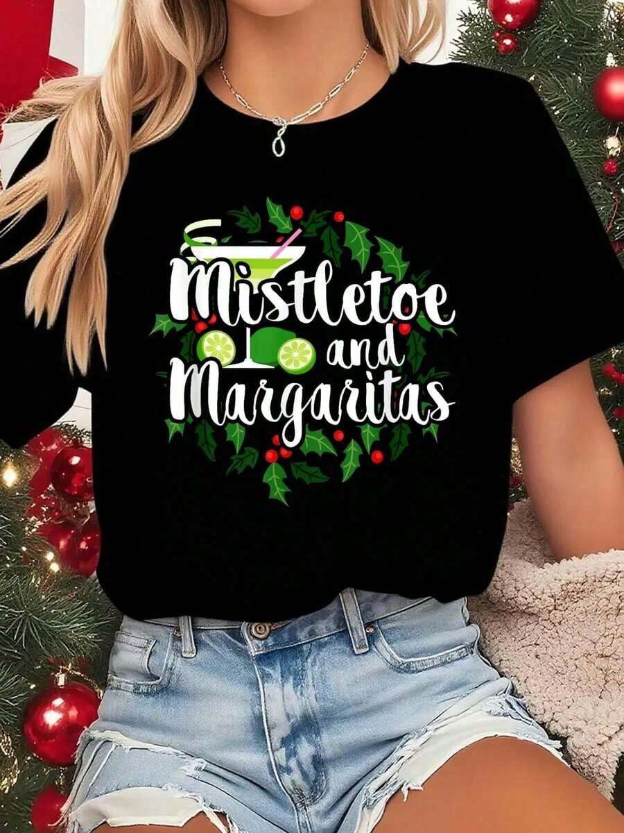 Funny Christmas T-Shirt For Women - Graphic Tee With Peas And Daisies, Aleppo Balls And Lime Slice Design - Casual T-Shirt For Parties And Christmas Gifts - Spring/Summer - 黑色 - 查看 1