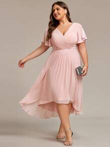 EVERPRETTY Plus Size Women's Chiffon Bridesmaid Dress, Deep V-Neck Ruffle Short Sleeve Pleated Mid-Length, Elegant And Dignified - Pink - View 1