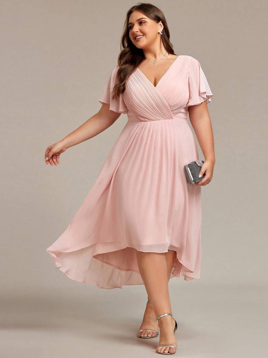 EVERPRETTY Plus Size Women's Chiffon Bridesmaid Dress, Deep V-Neck Ruffle Short Sleeve Pleated Mid-Length, Elegant And Dignified - Pink - View 1