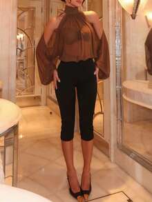 Lightweight Sheer Mesh Long Sleeve Loose Bat Wing Top, Suitable For Summer Parties - Brown - View 7