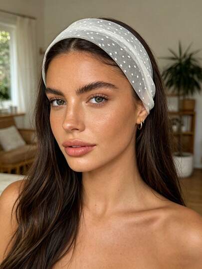 1Pc French Vintage Mesh Polka Dot Headband, Sweet Elegant Wide Edge Head Wrap, Daily/Date/Commute Versatile Hair Accessory