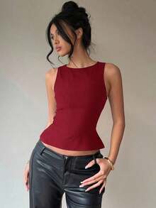 Blusa sin mangas con cuello redondo y lazo en la espalda, para uso casual y de oficina, en color negro con lunares rosas y marrones - Rojo - Ver 5