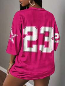 Camiseta de mujer con gráfico de letras y números, de estilo minimalista y casual, adecuada para el verano - Rosa Fucsia - Ver 4
