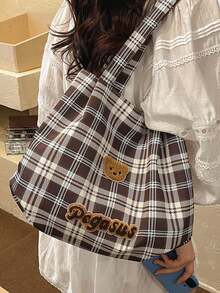 New Plaid Canvas Tote Bag, Large Capacity, Cute Bear Head Embroidery, Versatile Shoulder Bag For Students And Commuting - Multicolor - View 14
