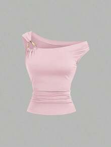 Set de 2 camisetas ajustadas con cuello asimétrico, versátil top casual, primavera/verano - Multicolor 8 - Ver 4