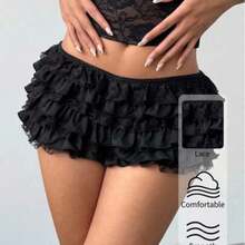 Women's New Sexy Lace Solid Color Black Cake Skirt Ruffle Low Waist Short Shorts,Valentine's Day,Valentines,Shorts For Women,Y2k,Valentine's Day,Graduation,Back To School Outfits Summer Outfits For Women Summer Clothes Summer Holiday Outfits - Negro - Ver 1