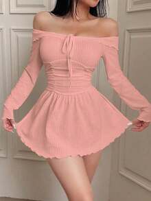 Vestido casual de punto acanalado con hombros descubiertos para mujer, atuendo acogedor, otoño e invierno - Rosa - Ver 5