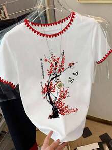 Camiseta de mujer de manga corta con cuello redondo, estampado floral y de uso versátil - Blanco - Ver 3