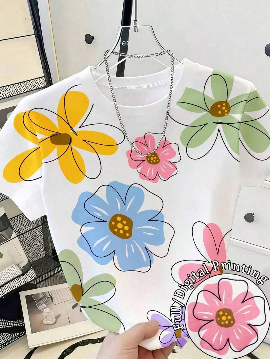 Camiseta de mujer de manga corta con cuello redondo, estampado floral y de uso versátil - Multicolor 7 - Ver 1