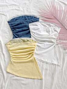 Conjunto de 3 piezas de blusas de verano para mujer: Top bandeau tipo corto asimétrico en textura azul vintage, top ajustado de punto texturizado amarillo, top ajustado sólido blanco, adecuado para fiesta, sexy, San Valentín, tarde de té, vacacione - Multicolor 2 - Ver 2