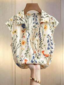Camisa de mujer con estampado de flores silvestres, cuello, sin mangas, con lazo en la cintura - Multicolor - Ver 7