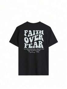 Camiseta Casual de Mujer con Cuello Redondo, Manga Corta, Hombros Caídos, Estampado "Faith Over Fear", Negra, Largo Regular, Tejido de Punto 3MI4 - Negro - Ver 4