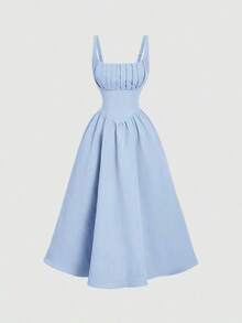 Vestido elegante de longitud media sin mangas con diseño de cintura plisada y unicolor para mujer - Azul - Ver 9