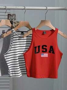 Conjunto de 4 piezas para mujer: Camiseta sin mangas a rayas en blanco y negro, cereza casual para vacaciones, versátil y sexy para el verano y el regreso a la escuela - Multicolor - Ver 3