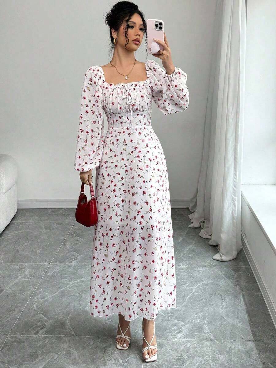 Vestido largo con cuello cuadrado, mangas farol y estampado floral para mujer - Albaricoque - Ver 1