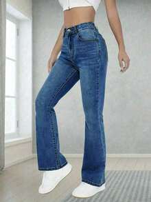 Jeans de campana clásicos y versátiles, cómodos y elásticos para adolescentes - Azul lavado oscuro - Ver 4