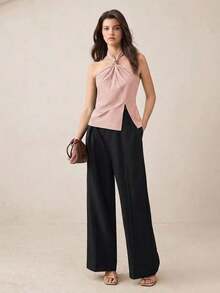 Top con cuello de halter, diseño de botón de metal verde, abertura lateral, elegante y chic para uso urbano y diario, estilo romántico retro de los 90.Adecuado para Navidad, Año Nuevo, San Valentín, fiestas, playa, graduación, moda, carnaval, bod - Rosa - Ver 5