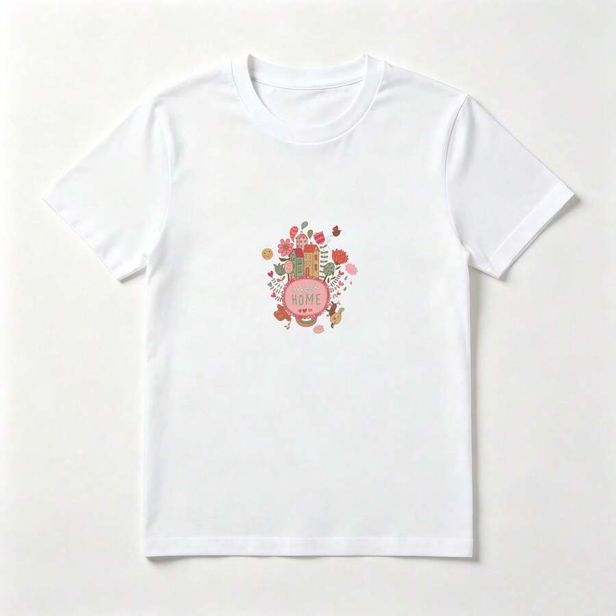 Camiseta Estampado Casa y Flores - Algodón Natural Mujer - Blanco - Ver 1