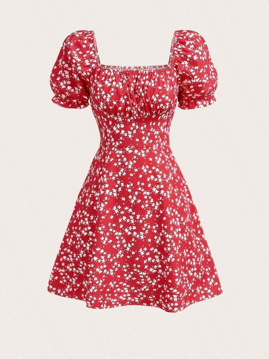 Vestido casual de mujer con estampado floral ditsy para vacaciones - Rojo - Ver 1