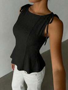 1 pieza Blusa informal de punto de unicolor con volante, rosa de verano - Negro 2 - Ver 4