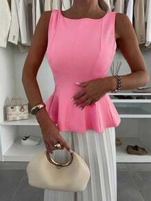 1 pieza Blusa informal de punto de unicolor con volante, verano - Rosa 2 - Ver 5