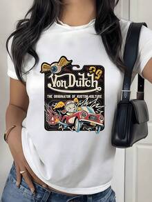 Retro Graphic With A Watchful Winged Eye Over A Classic Red Car Engulfed In Flames, Symbolizing Speed, Freedom, And A Rebellious Spirit. A Modern, Comfortable, Casual Women's T-Shirt. - 白色 - 查看 8