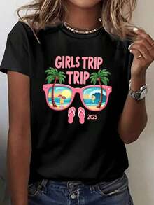 Camiseta Estampada 'Vacaciones 2025'| Camiseta casual de manga corta con cuello redondo, longitud normal, patrón geométrico, temporada primavera/verano, estilo de dibujo. - Blanco - Ver 6