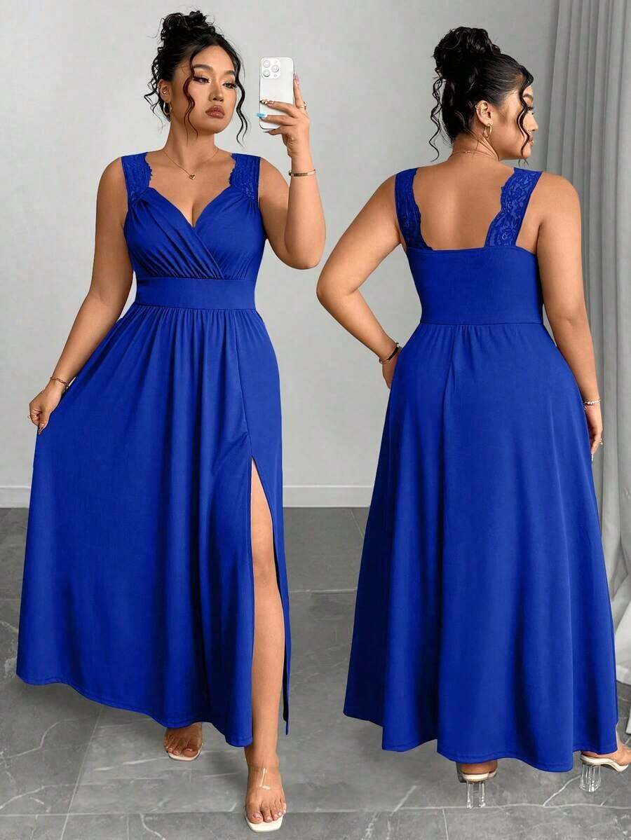Elenzya Vestido línea A con cuello en V, contraste de encaje, tirantes finos y abertura para tallas grandes - azul real - Ver 1