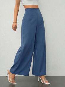 PETITE Pantalones anchos de cintura alta de textura de algodón 100% para mujer, de moda casual y sencilla, apropiados para la temporada de regreso a la escuela y para ir al trabajo - Niebla azul - Ver 6