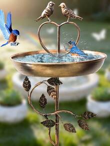 1pc Vintage Iron Bird Bath Feeder, Outdoor Garden Patio Decor, Bronze Heart-Shaped Top With 2 Birds And Leaf Design, Weather-Resistant, Sturdy Ground Stake, Easy Installation And Detachable, Summer Garden Essential, Holiday Decoration And Gift - Multicolor - View 11