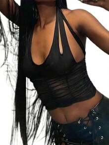 Women Sexy Hollow Out Vest, Solid Color/ Plaid Printed Pattern Halter Neck Crop Tops - Black - View 5