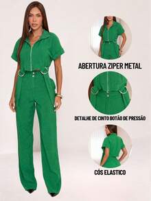 Women's Long Tailored Linen Set - Cropped Blouse And Pants - GREEN SPINACH LINEN - View 5