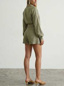 Women's Solid Color Drop Shoulder Long Sleeve Shirt And Shorts Casual Set - Khaki - View 2