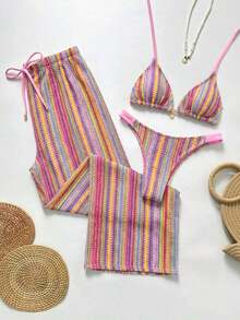 Swim Chiccia Conjunto de bikini a rayas sexy para mujer con pantalones, nueva llegada de trajes de baño para mujer 2026, adecuado para la escuela, vacaciones, citas, té de la tarde, estilo occidental, cruceros, playa, isla, viajes por carretera, todas las estaciones, festivales de música, vacaciones bohemias, vacaciones bohemias, otoño relajado, estilo occidental bohemio, blusas elegantes para mujer - Multicolor 7 - Ver 7