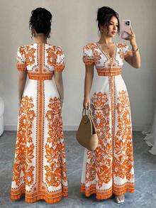 Nuevo diseño de vestido midi elegante con estampado floral posicionado, escote en V, mangas abullonadas y cintura ceñida, en un estilo sofisticado y favorecedor al Body con inspiración del Medio Oriente, en colores azul y blanco tejidos - Naranja - Ver 1